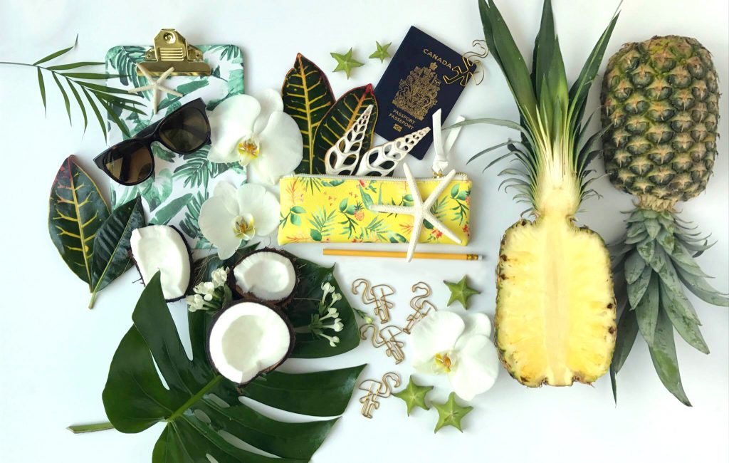 Hawaii flatlay ananas-coconut et accessoires