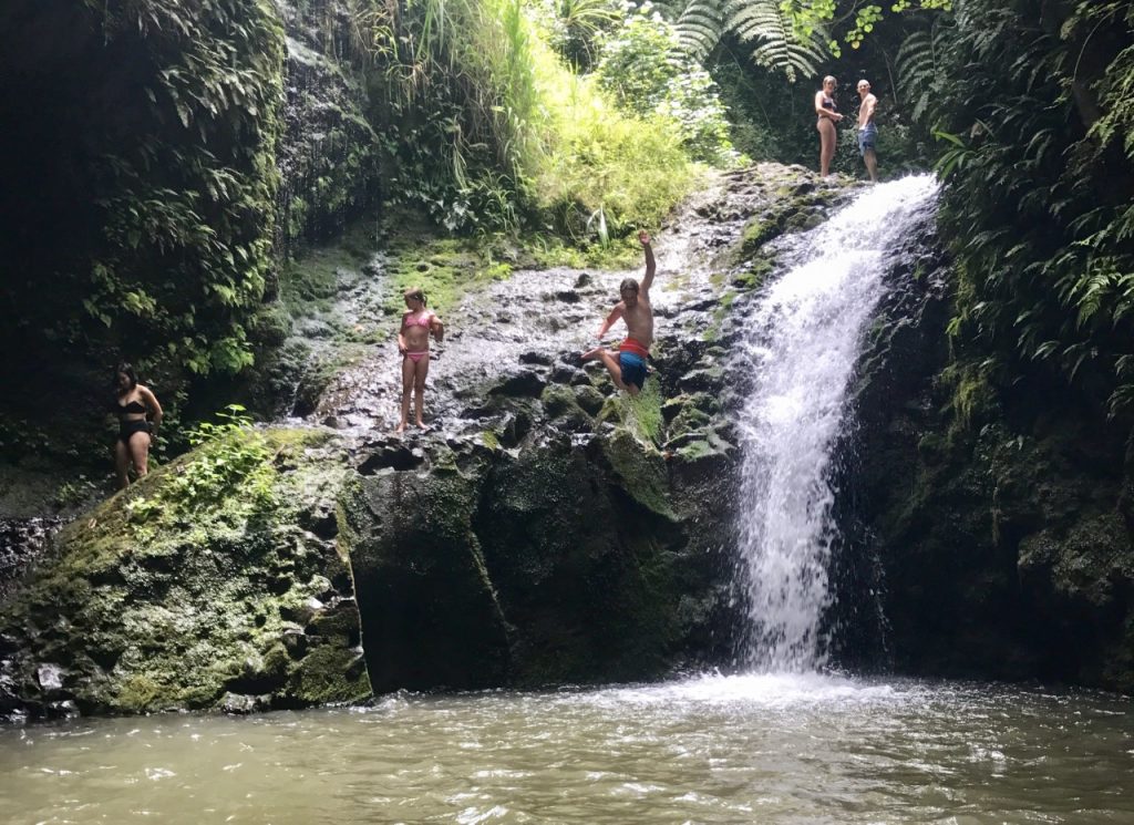 HAWAII MAUNAWILI WATERFALL Chute Maunawili Son jumping off rock